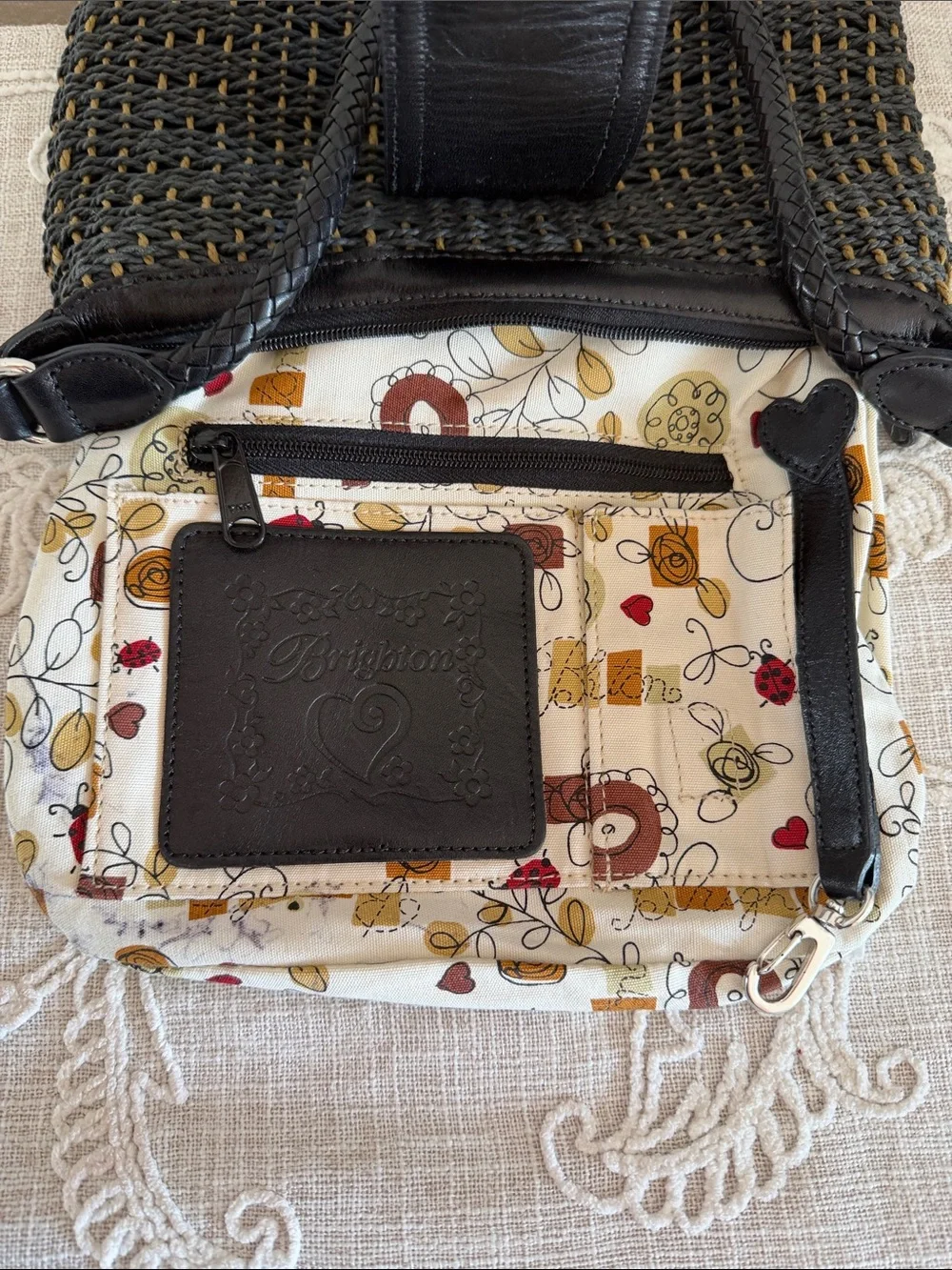 Brighton Black Woven Shoulder Bag with Brown Flap and Silver Heart Accent